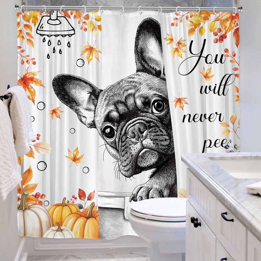 Funny Fall Autumn Dog Shower Curtain For Bathroom Decor 72Wx72H Cute Fun Puppy Bulldog Grey Quotes Pumpkin Leaves Orange Kids