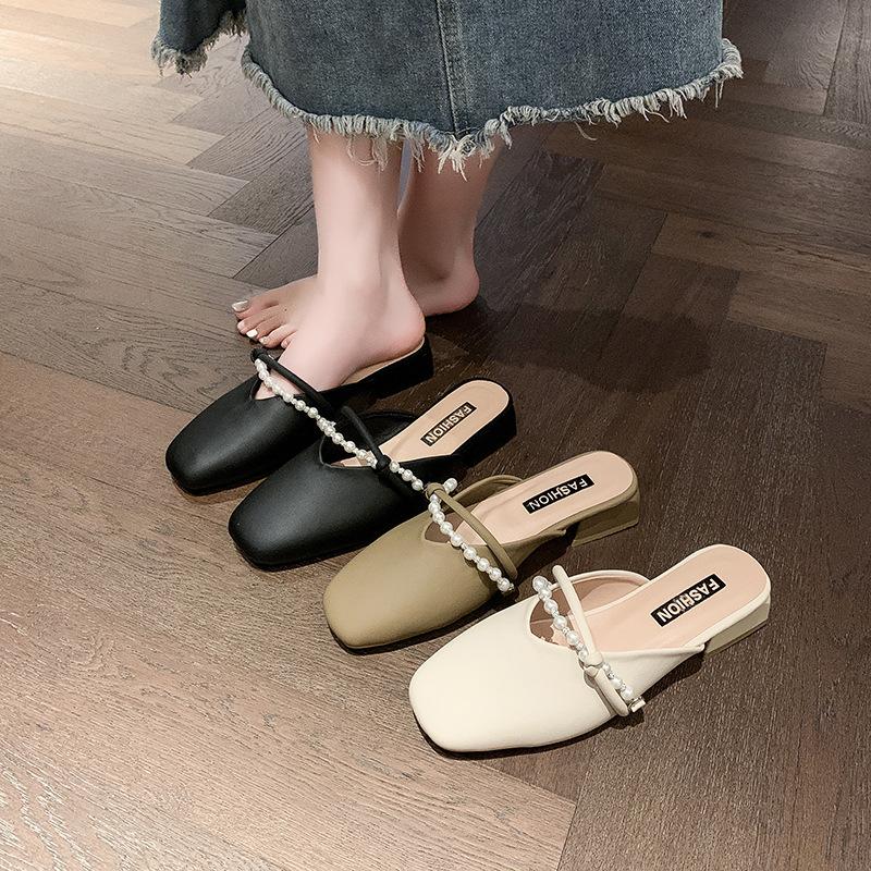 Baotou half slippers women's summer wear 2025 new cool slippers pointed thick heel half support single shoes