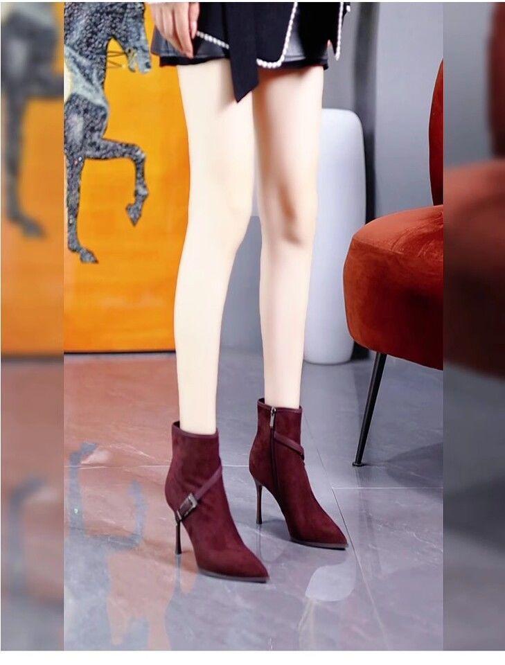 Temperament socialite style pointed suede burgundy high-heeled short boots women's 2025 autumn and winter rhinestone belt buckle thin heel thin boots