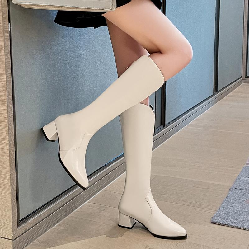 Women's High-heeled Boots Autumn and Winter Temperament Versatile Thick Heel Solid Color Large Size Medium Boots