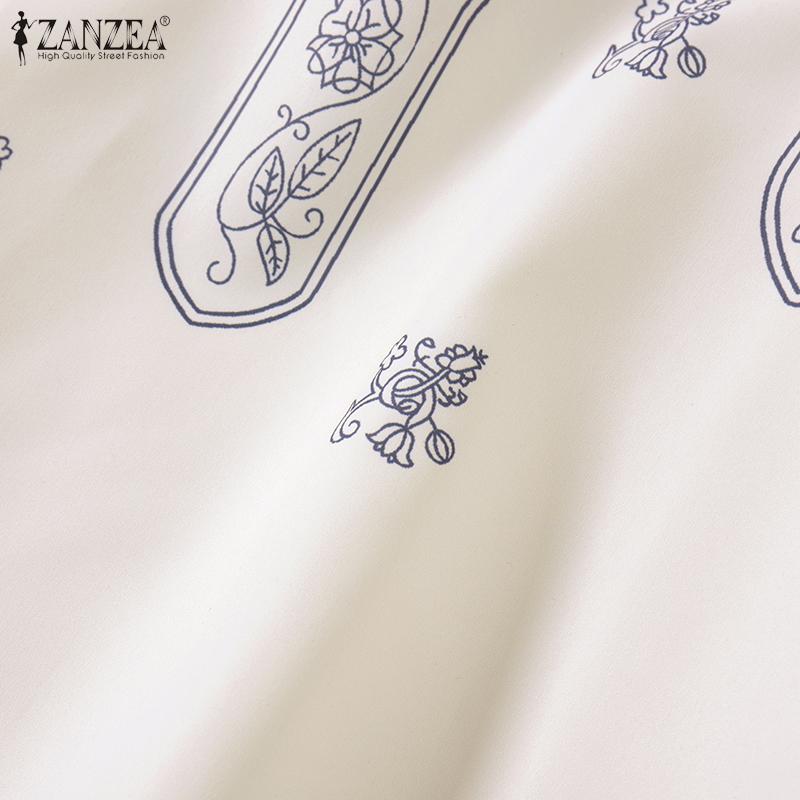 ZANZEA Damen Bluse mit Rundhalsausschnitt, langen Ärmeln und Schnürung, bedruckt