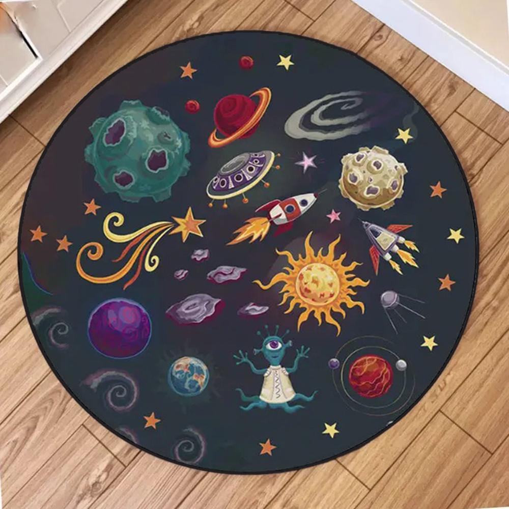 Kids Space Round Rug Collection Cartoon Planet Rocket Alien Pattern Educational Carpet For Children's Room Decor