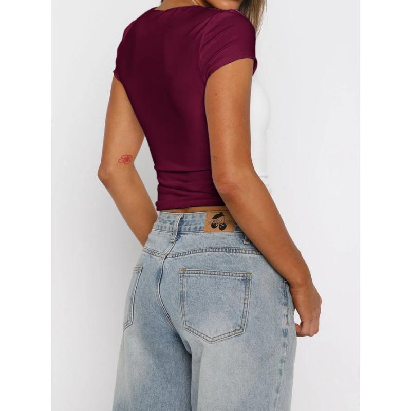 Dámský crop top čtvercovým výstřihem, krátkým rukávem, jednobarevný, přiléhavý, ležérní tričko