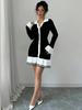 Women's Color Block Knit Sweater Skirt with Pearl Button and Ruffle
