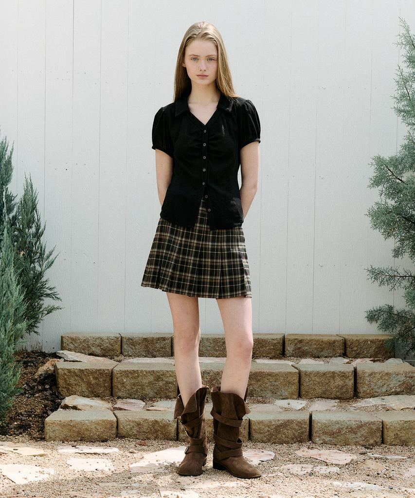 Lora Lora Buckle Check Pleats Mini Skirt Green