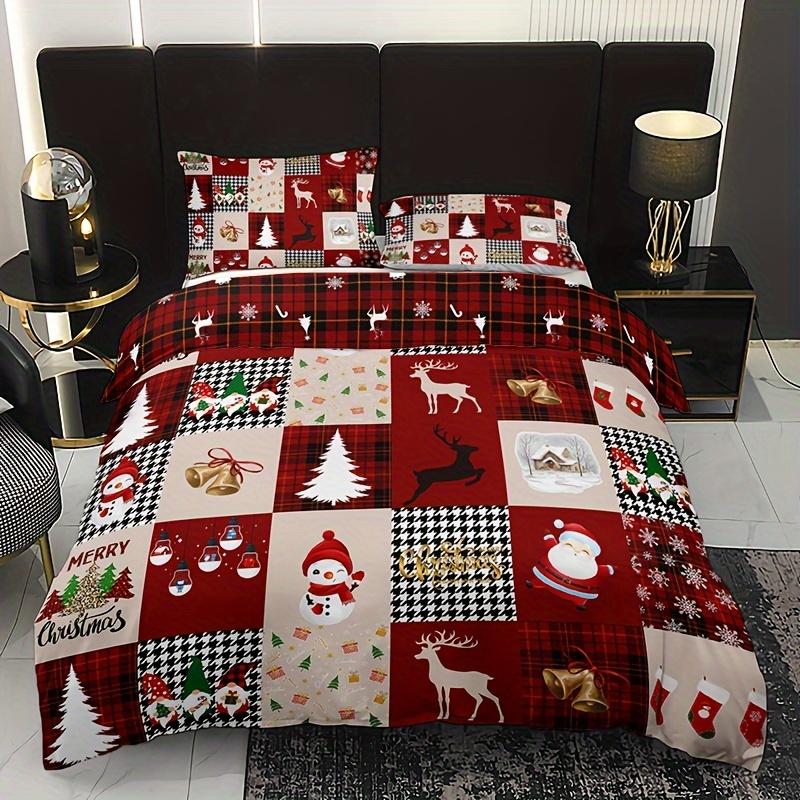 3pcs Christmas Reindeer & Plaid Duvet Cover Set - Includes 1 Duvet Cover and 2 Pillowcases, Breathable Polyester Christmas Gift