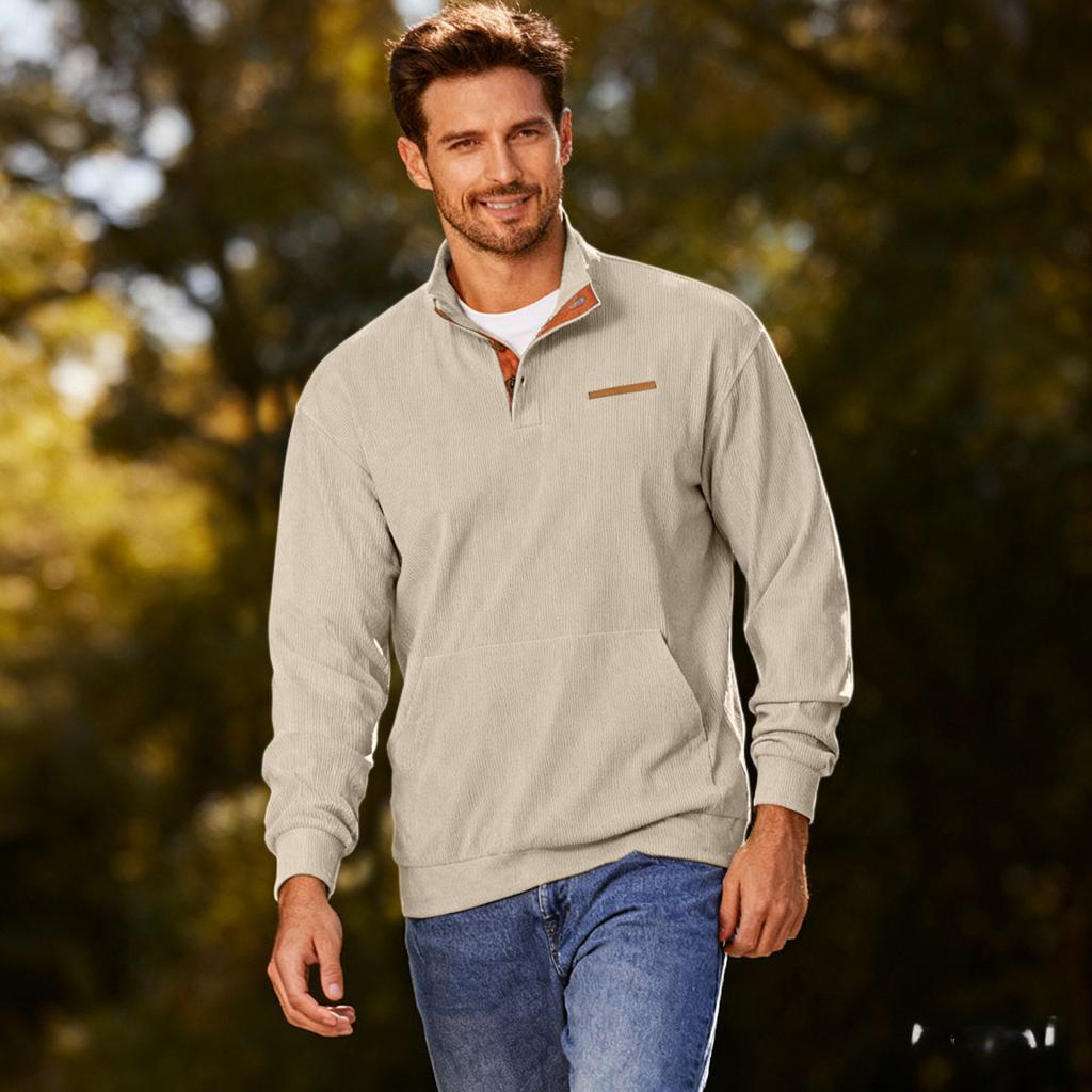 Men's Casual Loose Solid Color Outdoor Corduroy Stand Up Collar Long Sleeved Fake Pocket Hoodie
