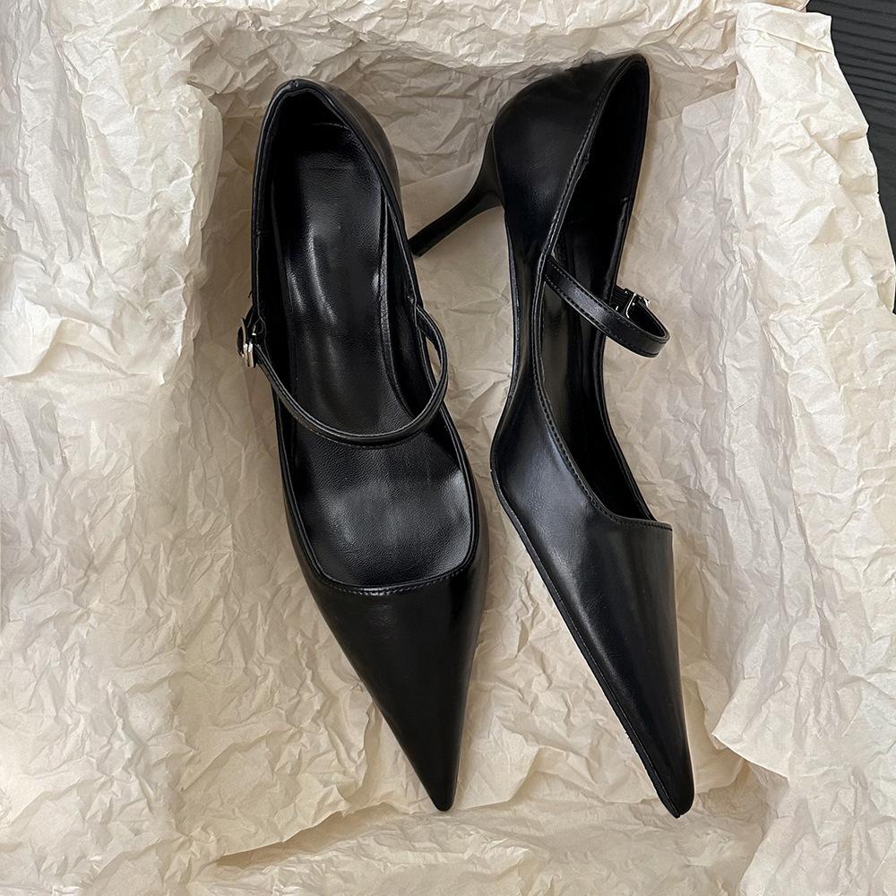 2025 spring new one-word with stiletto single shoes pointed black high heels femininity advanced not tired feet