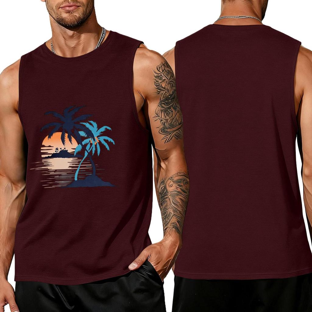 Men’s Sleeveless Crew Neck Tank Top with Tropical Tree and Print Casual Relaxed Fit Shirt