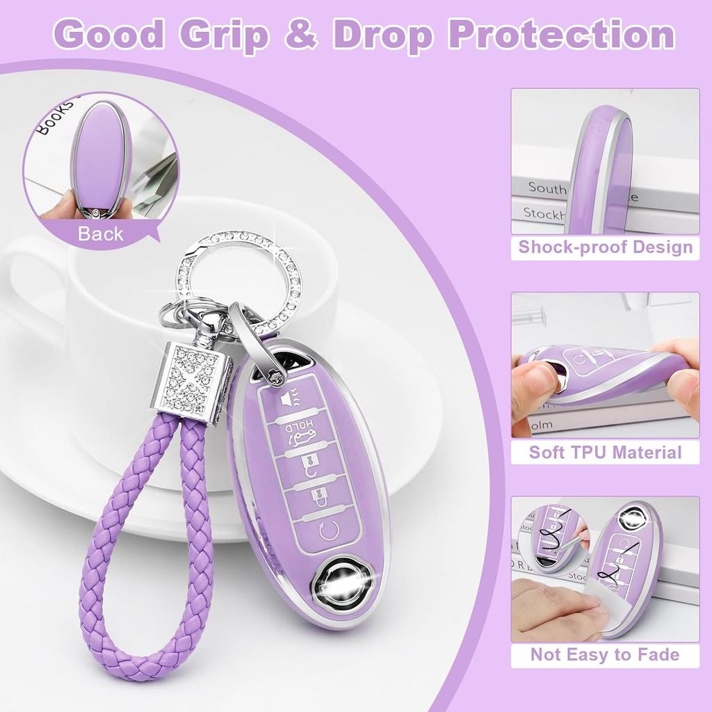 PIFOOG Key Fob Cover For Nissan 5 Button Purple With Bling Keychain Girly Car Keys Case Shell Full Covers Protector Accessories For Altima Sentra