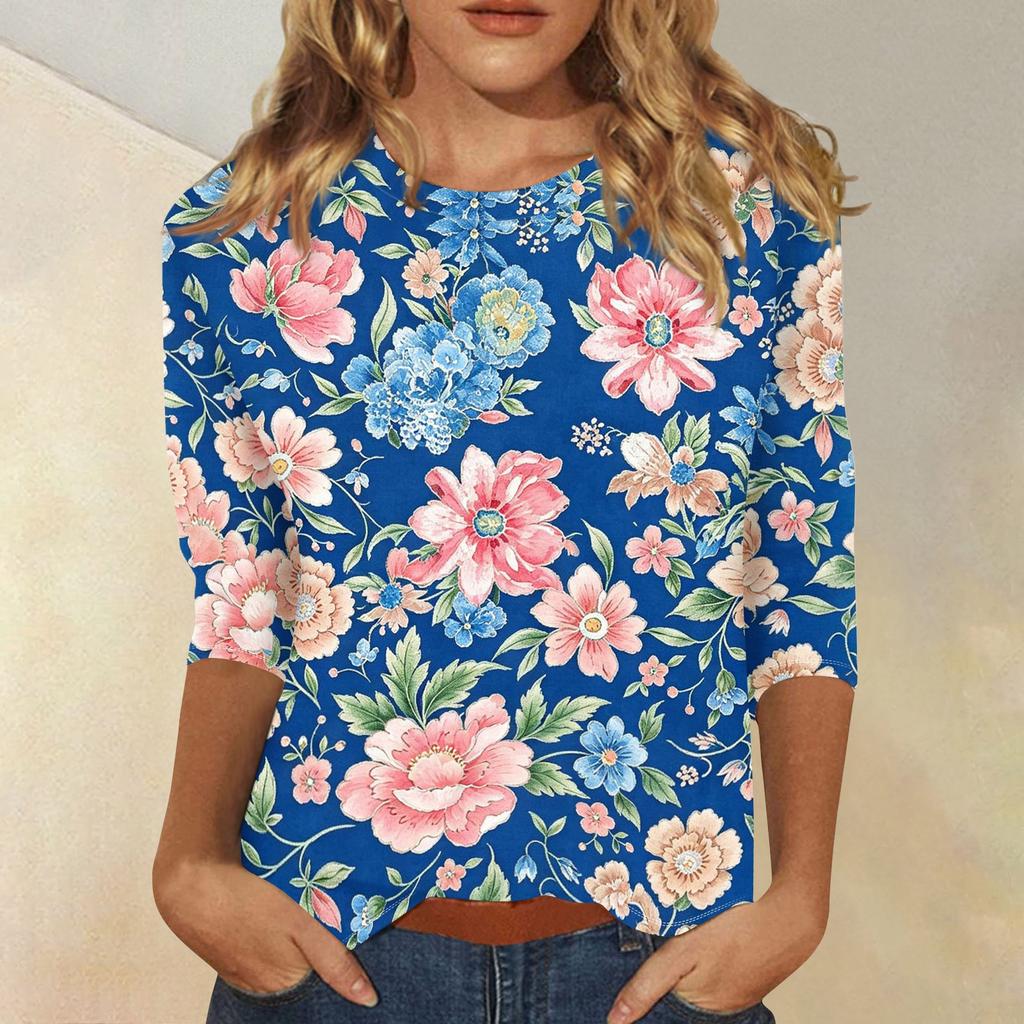 Damen Casual Oberteil mit Blumendruck 3/4 Ärmel Rundhalsausschnitt Leichter weicher Stoff Bequeme Passform Stilvolles Design für den Alltag