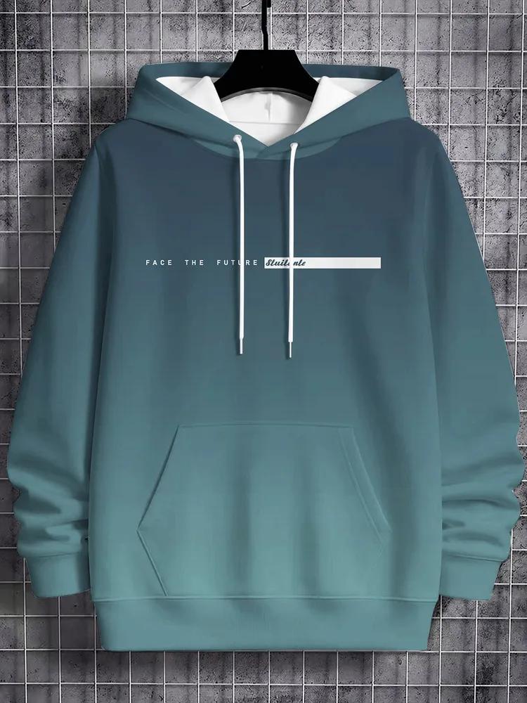 Minimal Slogan Art Series Print Hoodie for Men, Gradient Background Text Line Illustrations Full Graphic Loose Pullover, Perfect for Office Casual