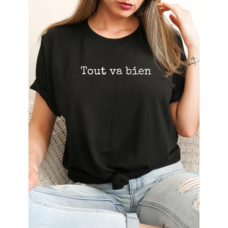 Letter Print T-shirt, Short Sleeve Crew Neck Casual Top For Summer & Spring, Women's Clothing