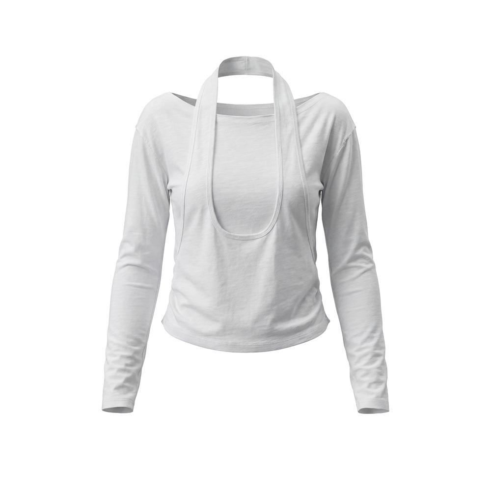 HeyHenry Women s One-Shoulder Halter Long Sleeve Cropped Top – Slimming, Off-the-Shoulder, Base Layer for Spicy Girl Look (Spring/Autumn) Small белый