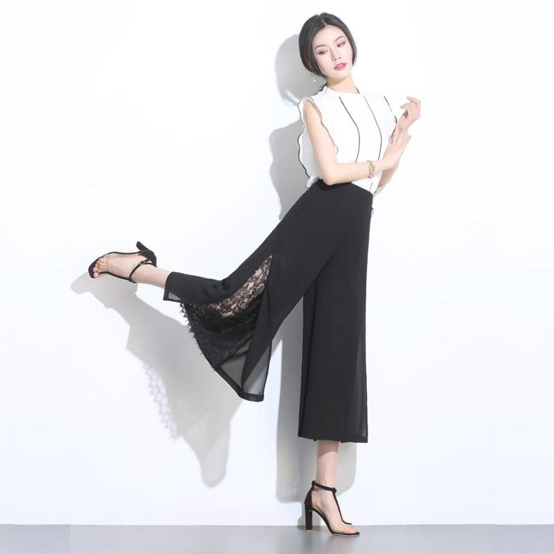 WTEMPO Sexy Lace Side Split Chiffon Wide-leg Pants Loose High Waist Ankle-Length Pants Trousers Cool and Breathable Women