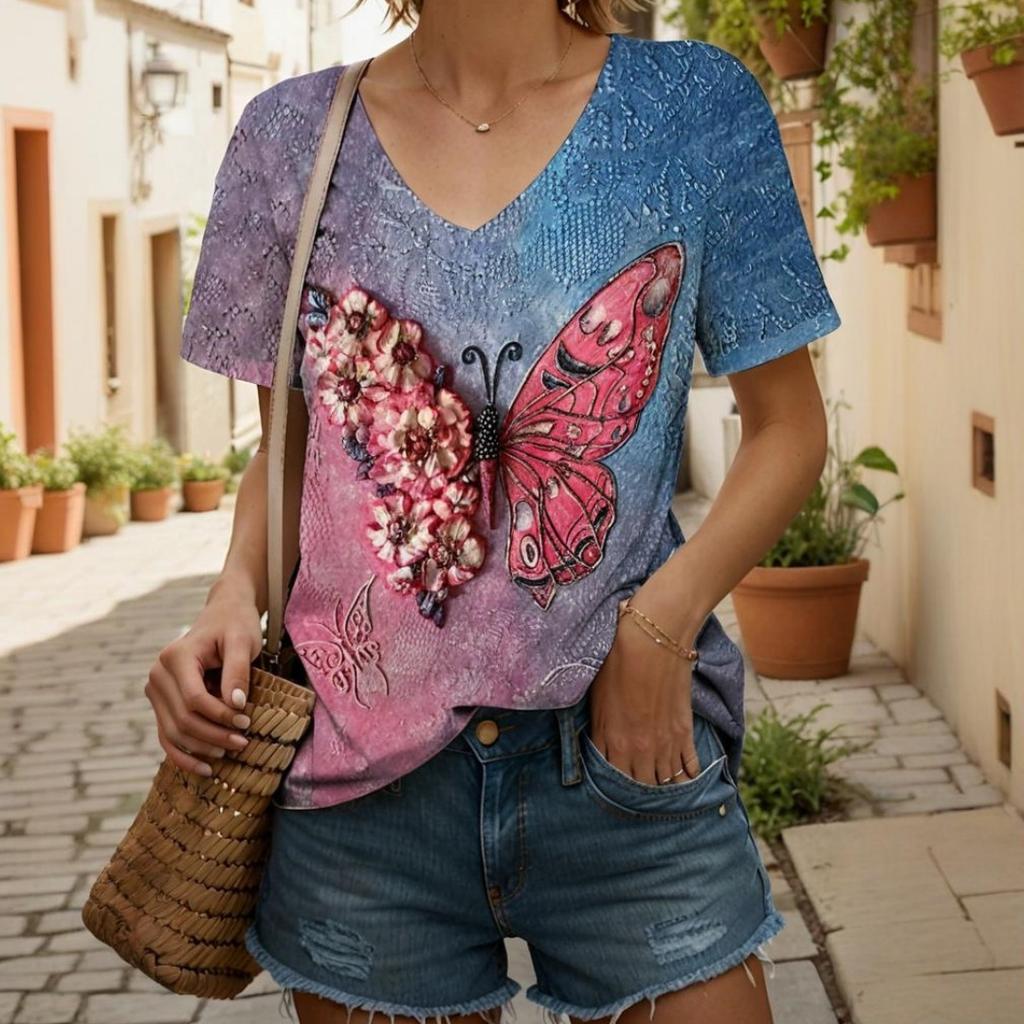 Summer Butterfly 3D Print T-shirt Women Streetwear Casual T Shirts Y2k Tops Woman Harajuku V-Neck Tees Oversized Clothing