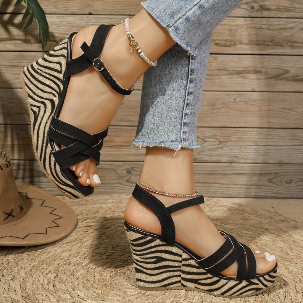 Large size wedge heel sandals women's summer new one-word buckle with muffin thick-soled buckle women's sandals
