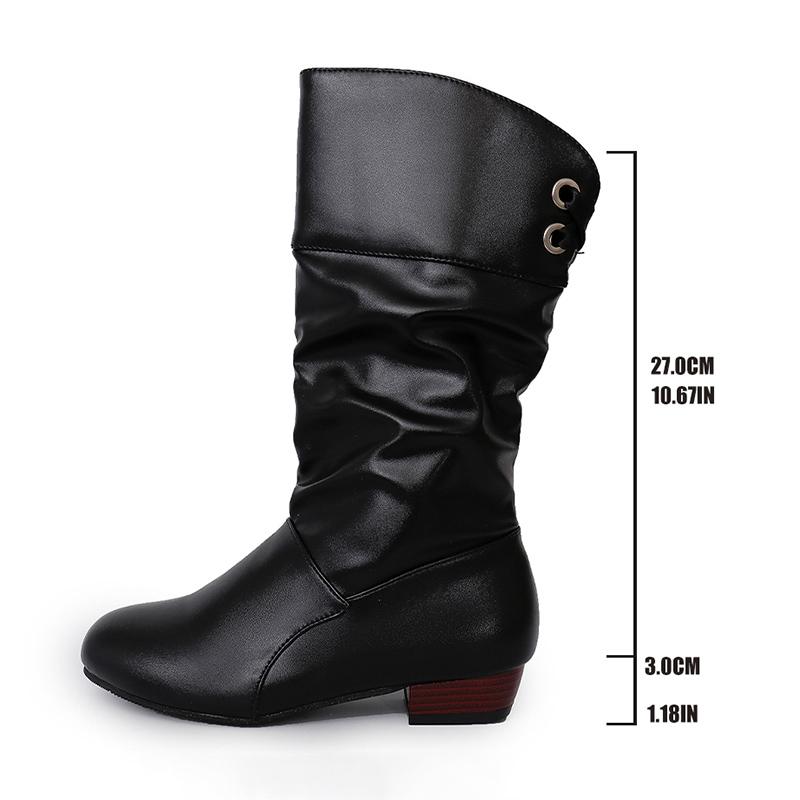 Fashion Fashion White Women's Mid Calf Boots Pleated Design PU Leather Cowboy Boots Woman Lace Up Comfort Low Heels Casual Botas Mujer