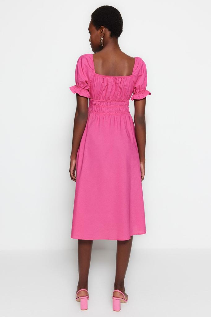 Women's Style Dress Fuchsia Skater Midi Woven Dress with Balloon Sleeves Opening At the Waist