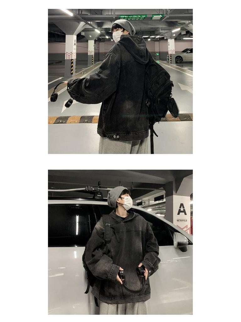 Men's Retro Denim Hooded Sweatshirt Jacket – Washed Distressed Look for Autumn/Winter