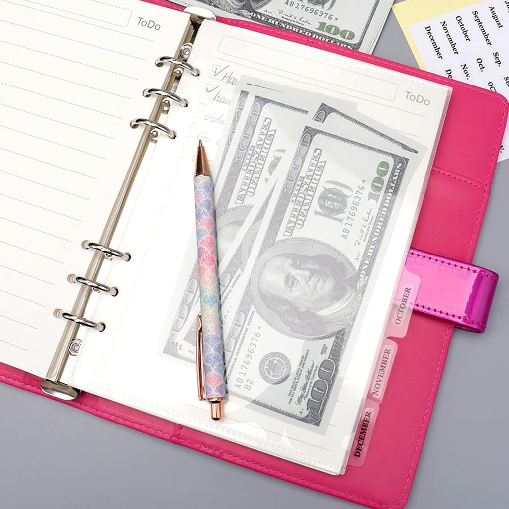 NatSumeBasics 12 A5 Binder Pocket Dividers with Tabs Zipless 5" x 8" Clear Cash Stuffing Envelopes Planner erts for 6 Ring Budgeting Accessories (12