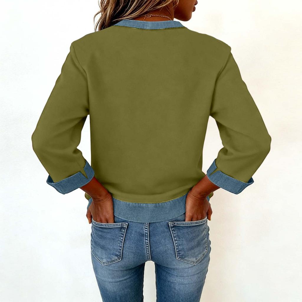 Women Denim Collar Patchwork Stitching Sweatshirt Casual  Pullover Long Sleeve Shirts