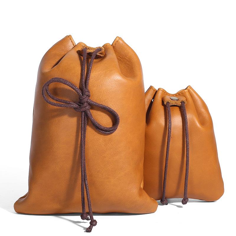 Vintage Genuine Leather Cowhide Coin Purse & Earphone Storage Drawstring Bag