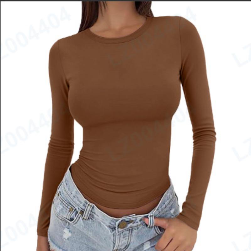 Podstawowy damski crop top z długim rękawem na wiosnę, jesień, zimę, z okrągłym dekoltem, dopasowany, gładki kolor, koszulka, top streetwear