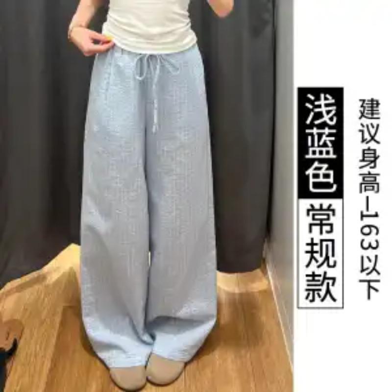 

Летние женские однотонные льняные повседневные брюки с кулиской на талии и широкими штанинами S синий