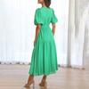 Women's Bohemian Long Dress Deep V Neck Puff Short Sleeve Swing Dress Summer Tiered Flowy A Line Midi Dress
