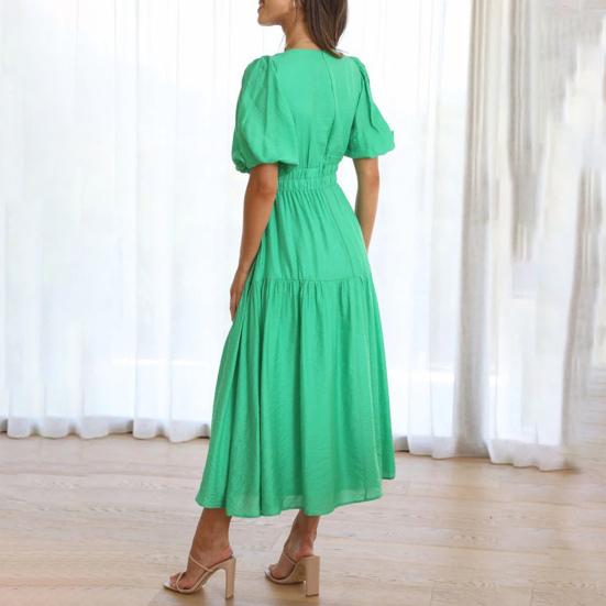 Women's Bohemian Long Dress Deep V Neck Puff Short Sleeve Swing Dress Summer Tiered Flowy A Line Midi Dress