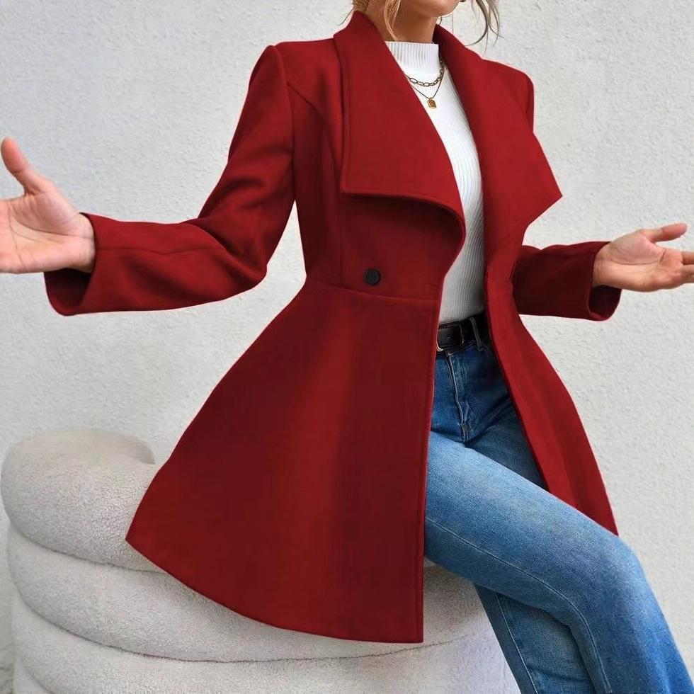 European Autumn/Winter Slim Fit Mid-length Woolen Coat for Women - Elegant Lapel Style