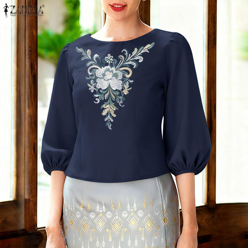 ZANZEA Lässige Bluse mit Rundhalsausschnitt und 3/4-Ärmeln und lockerem Print für Damen