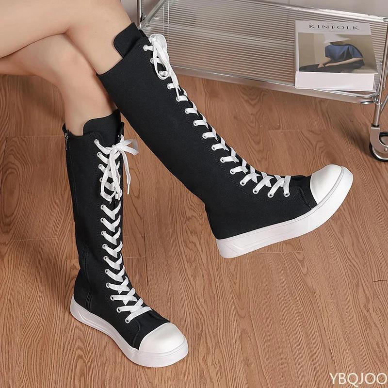 Fashion High End Strap Women's Shoes Spring New Item Plus Size Women's Boots Side Zipper Canvas Long Tube Design Women's Boots Platform