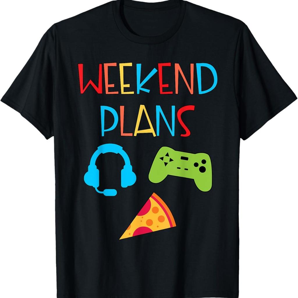 Weekend Plans Gaming Pizza Headphones Graphic Tee Men Casual Short Sleeve Cotton T-Shirt Daily Wear