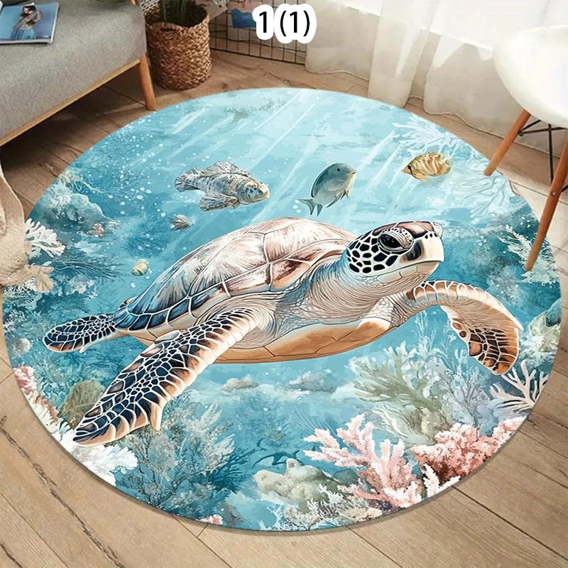 

Vibrant Underwater World Rug Round Ocean Carpet with Turtle Seahorse Fishes Colorful Marine Life Mat for Kids Room Beach Decor 80X80CM