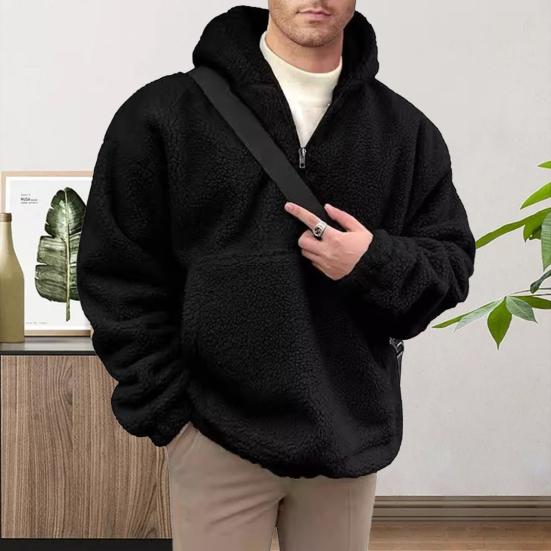Winter Men Hoodie with Big Frotn Pocket Double-sided Flannel Half-zipper Collar Loose Long Sleeves Thermal