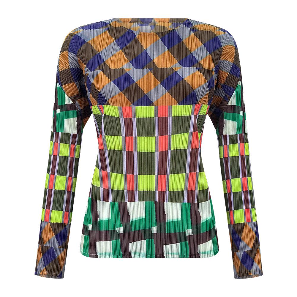 Women s 2025 Autumn Pleated Slim-fit Miyake Style Long-sleeve T-shirt One Size зелёный