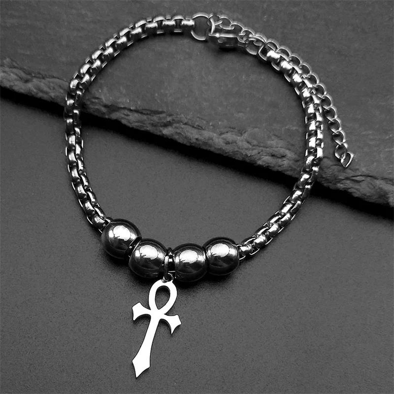 Bracelet Vintage Charm Amulet Talisman Ankh Cross Men Women Stainless Steel Egypt Egyptian Key Life Religious Jewelry Gift Hip Hop Rock Goth Gothic