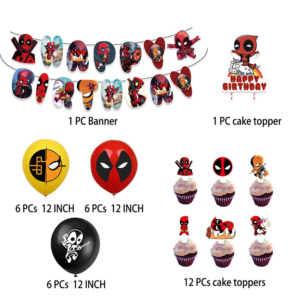 32pcs Deadpool Theme Party Supplies Includes Banner Balloons Cupcake Toppers