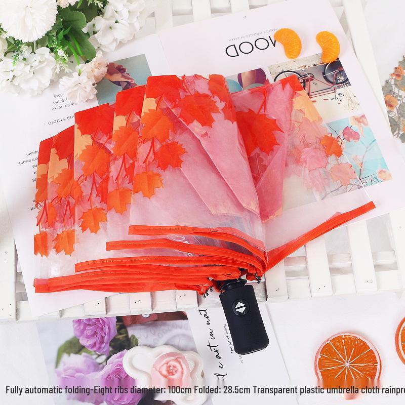 Japanese Forest Style Transparent Cherry Blossom Umbrella with Arched Long Handle for Students