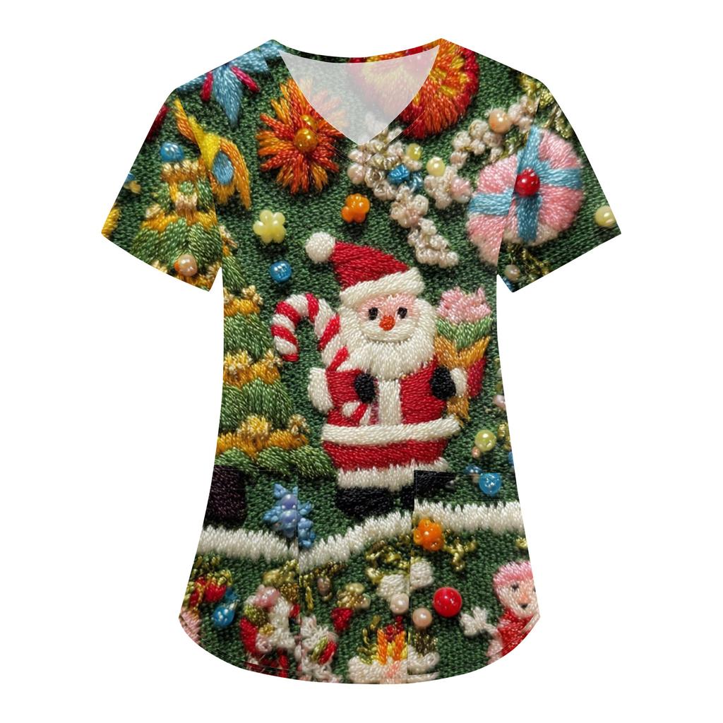 Women's Fashion V-Neck Short Sleeve Overalls With Pockets Christmas Printed Tops  Clothes