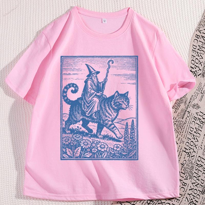 Wizard Cat Rider Vintage TShirt Men Women Fantasy Graphic Tee Funny Cat Short Sleeve Tshirt Causal Round Neck Printed Tees