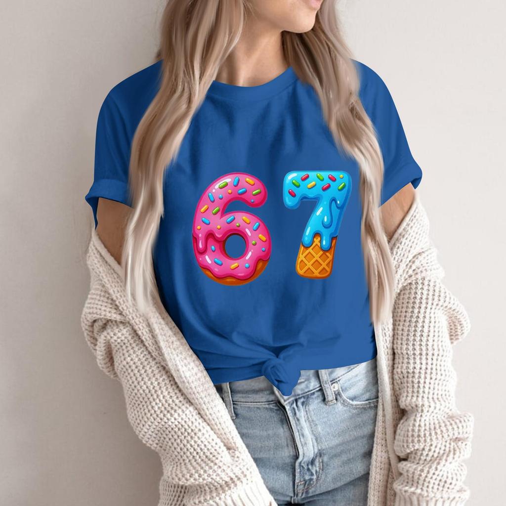 Women's Fashionable Casual Short Sleeved Printed T-Shirt Round Neck Top