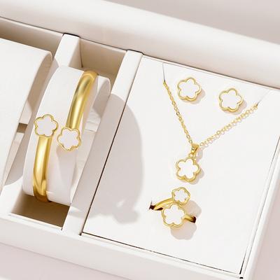 5-teiliges Zirkon Set Halskette Armband Ring Ohrring Set Damen Minimalistisch Öltropfen Glücksblume Vielseitig Personalisierbar Modisch