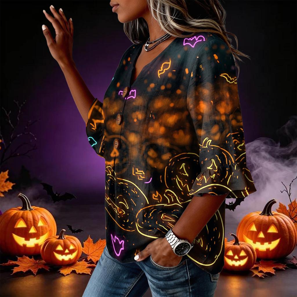 Women's Casual Loose Fit Halloween Print Lace Sleeve Blouse Top