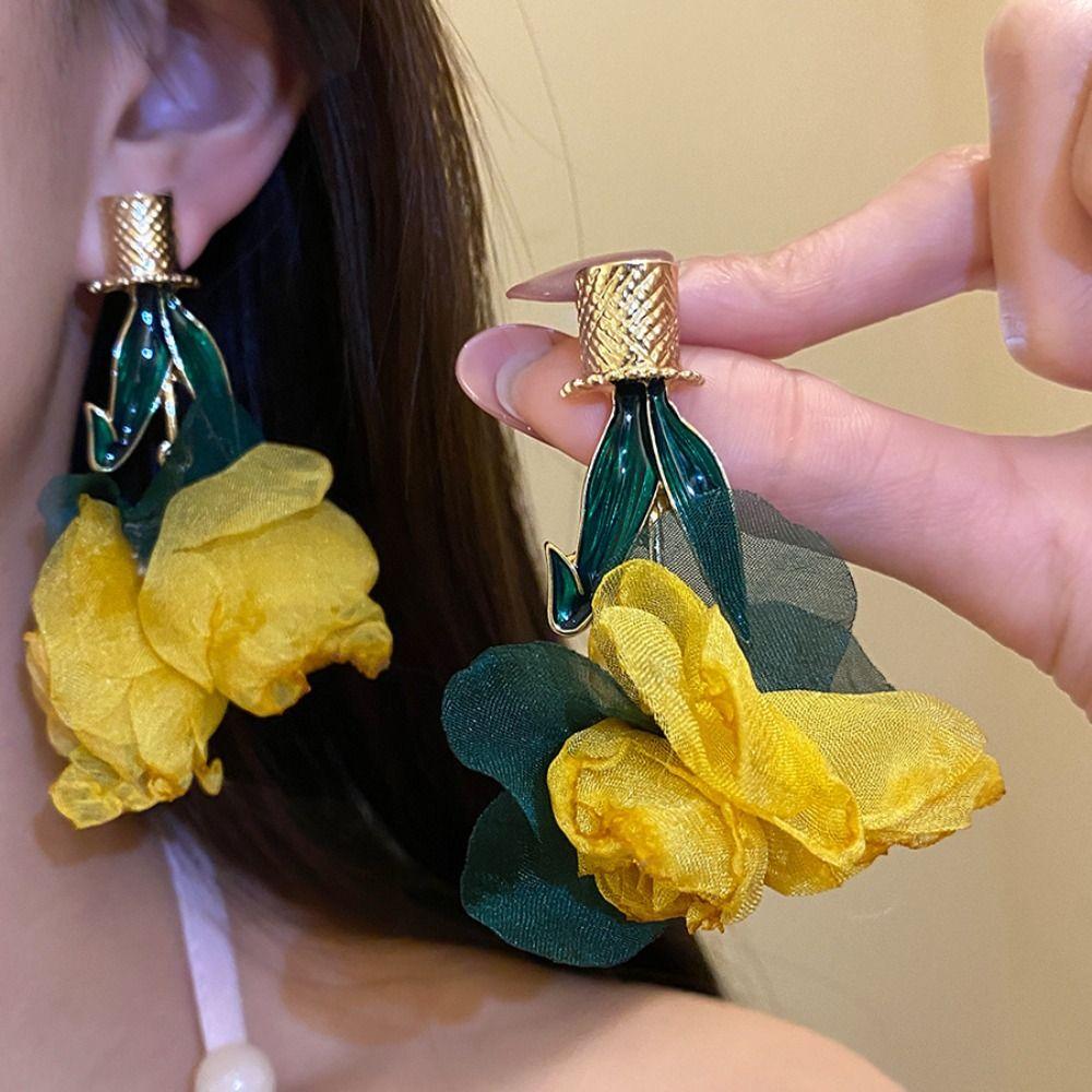 Exaggerated Long Flower Earrings Yellow / Rose Red Dangle Earrings Ear Studs  Garden