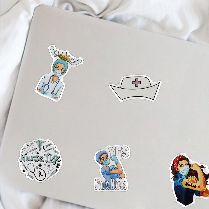 Nálepky zdravotní sestry (50 ks), Cartoon Medical Vinyl Decal, Waterproof Nursing Sticker Pack Pack Perfektní pro MacBook, láhev na vodu, notebook, telefon, vodní baňku