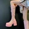 Fashion Cooling Boots Summer Round Toe Niche Studded Heightened Platform Mesh Breathable Zipper Block Heel Thigh Boots
