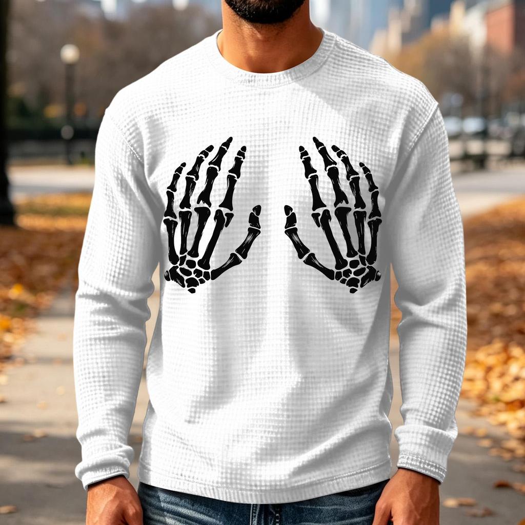 Men's Knit Long Sleeve Neck T-Shirt with Halloween Print Casual Top